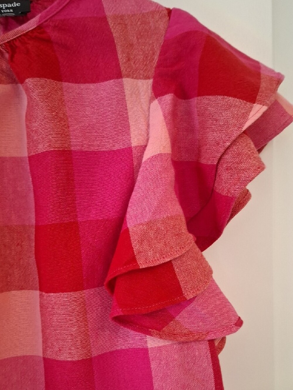 Kate Spade Pink & Red Gingham Ruffle Blouse Short Sleeve Top Linen Viscose - Picture 6 of 16